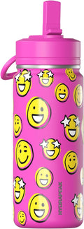Hydrapeak Mini 20oz Fun Sticker Print Water Bottle with Straw Lid, Stainless Steel Double Wall Insulated Water Bottle, Leak-Proof and Spill-Proof Water Bottle, Smile Fuchsia