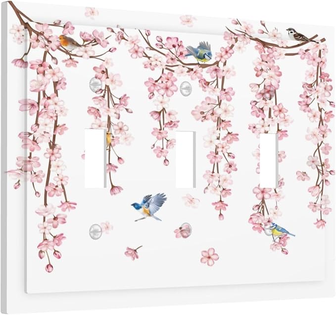Pink Cherry Blossom Flower Vine Floral Tree Branch Birds Decorative Switch Plates 3 Gang Wall Plate Triple Toggle Light Switch Cover Faceplate Electrical Wall Panels for Bedroom Living Room Decor
