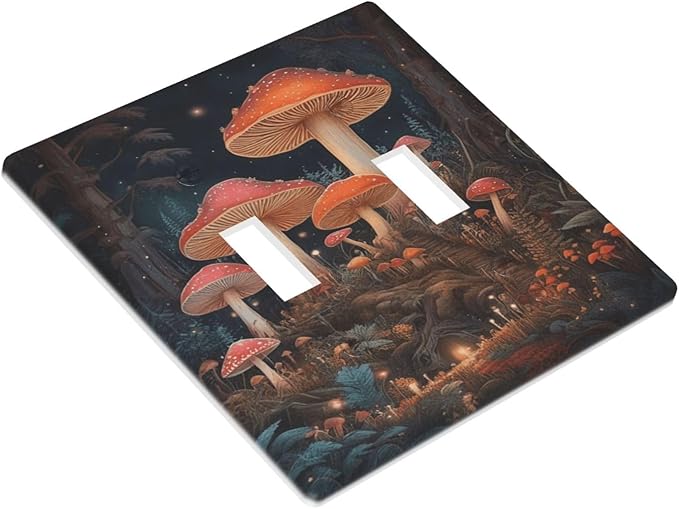 Decorative Art Light Switch Covers Enchanted Mushroom Forest 2 Gang Double Toggle Wall Plate Decorative Switchcover Electrical Switchplate for Home Decor