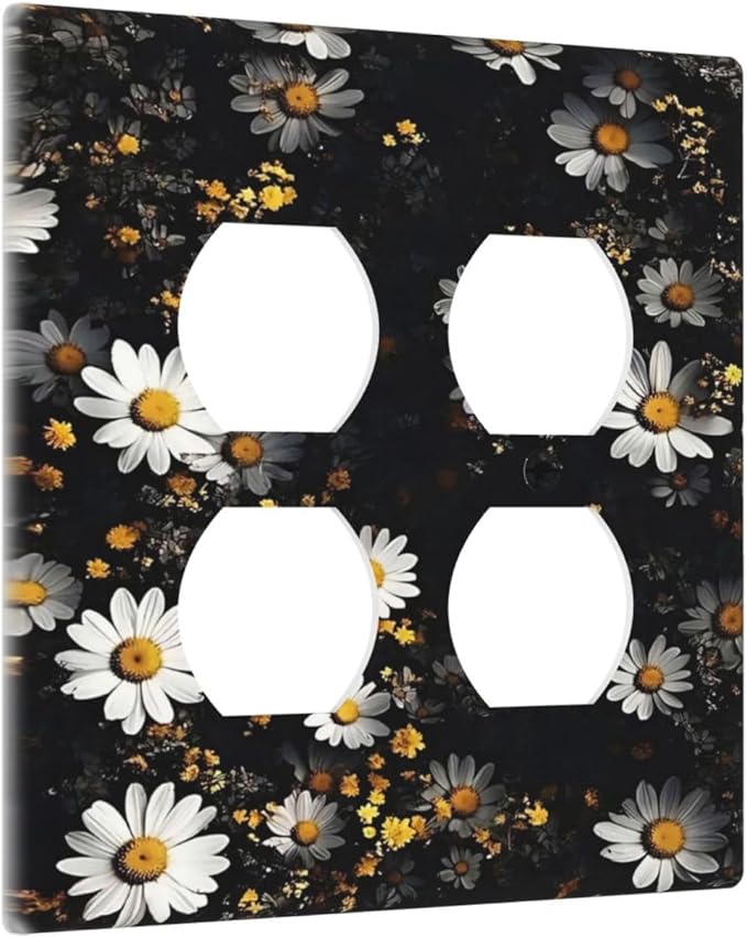 White Black Daisy Wildflower Modern Chrysanthemum Outlet Covers 2 Gang Double Duplex Decorative Light Switch Covers Electrical Wallplates Socket Faceplate for Bedroom Farmhouse Decor