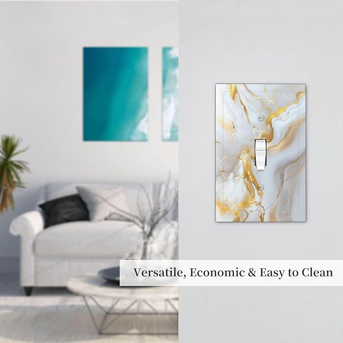 Decorative Switch Cover Plate Abstract Gold Marble Design with White & Gold Single Gang Toggle Switch Plate Light Switch Covers Artistic Faceplate for Modern Luxurious Decor