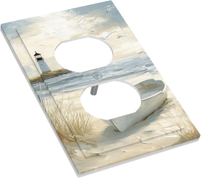 Sea Beach 1 Gang Electrical Duplex Outlet Covers Light Switch Cover Old Ship Reed Lighthouse Seascape Receptacle Wall Plate Decorative Faceplate for Country Bedroom Kitchen Living Room Decor