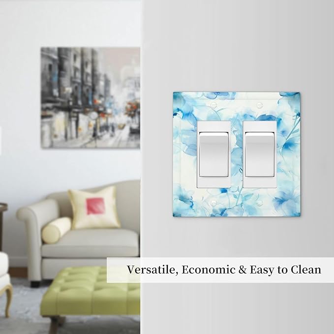 Watercolor Flower Blue White Large Floral Leaf Plants Decorative Outlet Covers 2 Gang Double GFCI Rocker Electrical Wall Panels Light Switch Cover Plate for Bedroom Living Room Decor