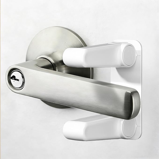 Childproof Door Lever Lock Baby safety locks for doors (2 Pack) – No-Drill Universal Door Handle Lock Easy One-Hand Child & Pet Proof Locks No Tools Needed, White