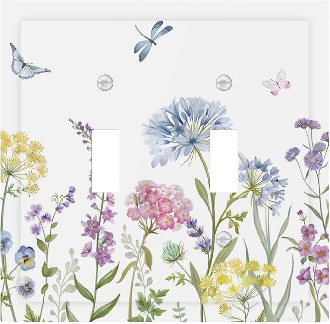 Colorful Wildflowers Dragonfly Lavender Butterfly Insect Decorative Switch Plates 2 Gang Double Toggle Outlet Light Switch Cover Wall Plate Electrical Faceplate for Bedroom Living Room Decor