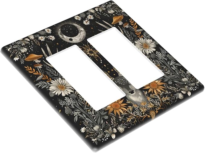 Light Switch Cover Plate Vintage Deer Flowers Moon Natural Plants Floral 2 Gang Double Rocker Outlet Covers Decorative Switch plates Electrical Wall Plates GFCI Receptacle for Bathroom Bedroom
