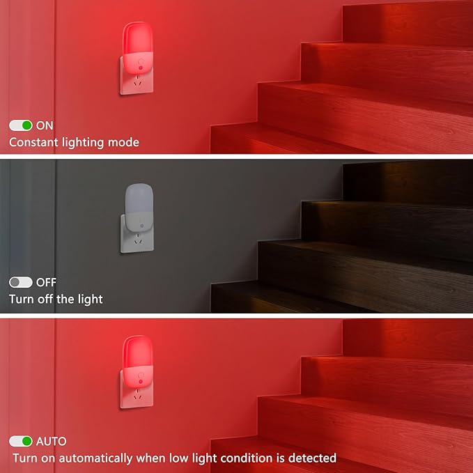 echosari 670nm Red & Warm White Light Night Light for Sleep, 2 Pack Red Night Lights with Dusk to Dawn Sensor, LED Night Light Plug into Wall for Baby Nursery Kids Adults Bathroom Bedroom