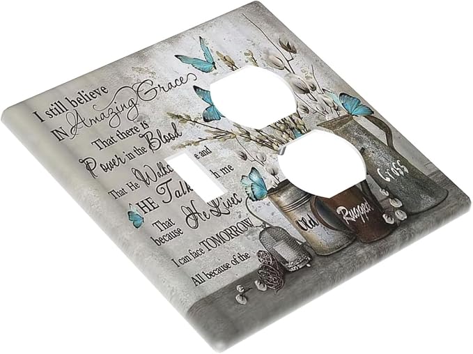 Light Switch Cover Blue Butterfly Rustic Flower Inspirational Quotes 2 Gang Outlet Cover 1 Toggle Duplex Decorative Switch Plates Wall Plate Electrical Receptacle Faceplate for Bathroom Cabin