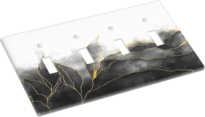 Light Switch Covers Black And Gold Marble White Golden Leaves Quad Toggle 4 Gang Wall Plate Electrical Faceplate Decorative Switch Plates for Bedroom living Room Decor