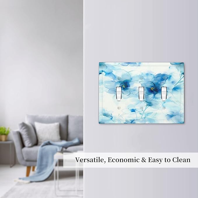 Watercolor Flower Blue White Large Floral Leaf Plants Decorative Switch Plates 3 Gang Wall Plate Triple Toggle Light Switch Cover Faceplate Electrical Wall Panels for Bedroom Living Room Decor