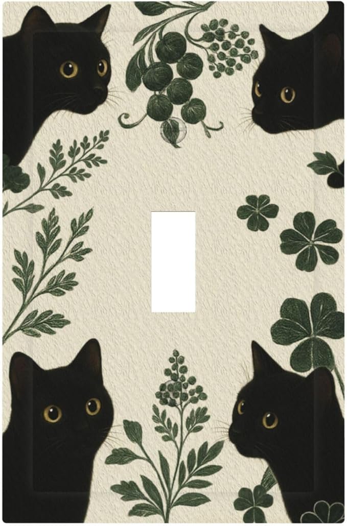 Decorative Light Switch Cover Plate Funny Black Cat Green Leaf 1 Gang Single Toggle Wall Plates for Electrical Outlet Covers Switch Plate Covers Faceplate for Bedroom Home Decor