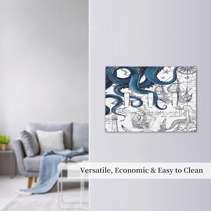 Nautical Vintage Map Octopus Mermaid Lighthouse Boat Decorative Switch Plates 3 Gang Wall Plate Triple Toggle Light Switch Cover Faceplate Electrical Wall Panels for Bathroom Kids Room Decor