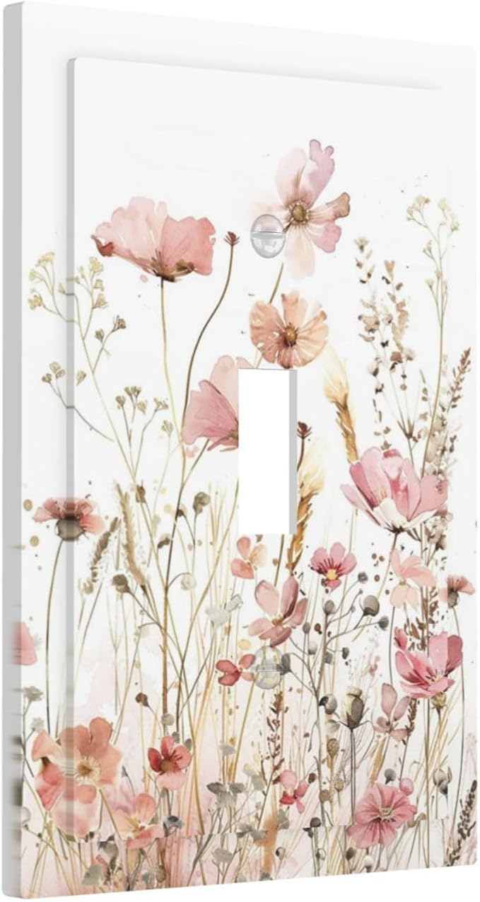 Boho Floral Watercolor Pink Wildflower Butterfly Decorative Light Switch Cover 1 Gang Single Toggle Device Electrical Faceplate Switchplates Decorator Outlet Wall Plate for Bedroom Living Room Decor