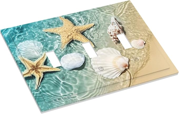 Decorative Switch Plates Beach Starfish Ocean Conch Cameo Shell 3 Gang Wall Plate Triple Toggle Light Switch Cover Faceplate Electrical Wall Panels For Decor Kids Room Decor