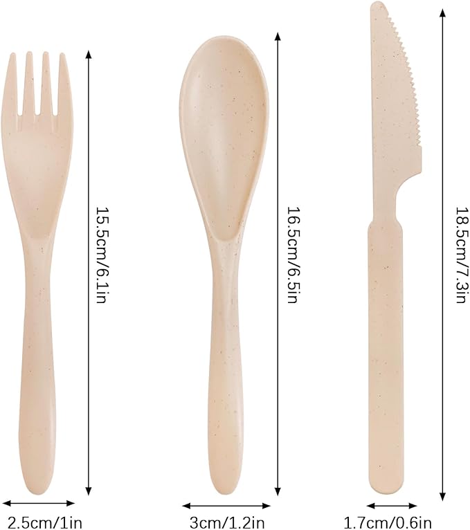 8 Sets Knives Spoons and Forks, Thickened Design Wheat Straw Cutlery, Reusable Utensils Set for Kid or Adult, Fork Spoon Knife Set for Party, Travel, Work, Picnic, Camping (Beige and grey)