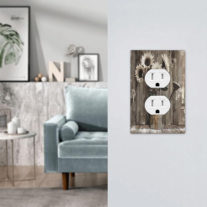 Rustic Floral Country Sunflower Daisy Old Wooden Boards Outlet Covers 1 Gang Duplex Light Switch Cover Decorative Switch Plates Electrical Receptacle Faceplate Wall Plate for Farmhouse Home Decor