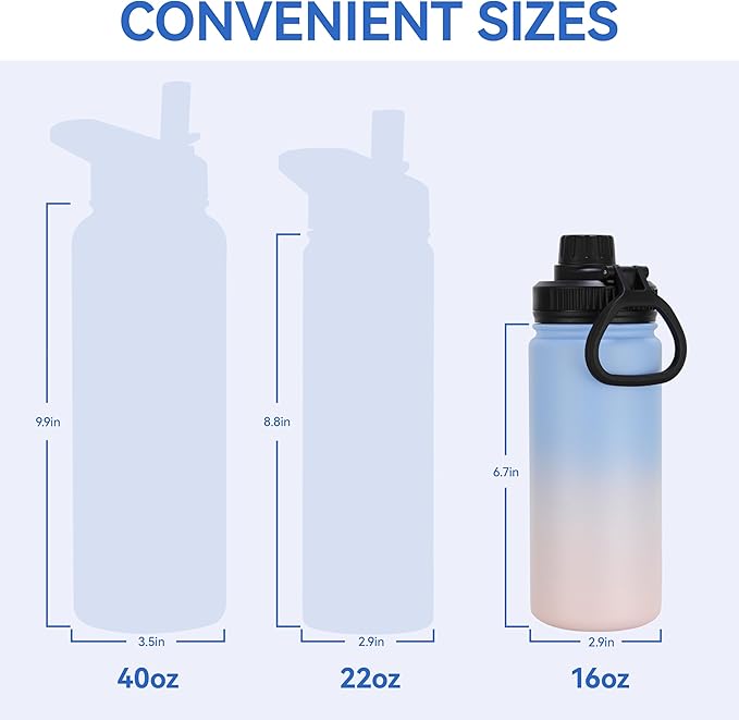 DOMICARE 16 oz Water Bottle for School Stainless Steel Double Wall Vacuum Insulated Water Bottle with Straw lids & Spout Lid, Leakproof BPA Free (Blue/Pink,4)