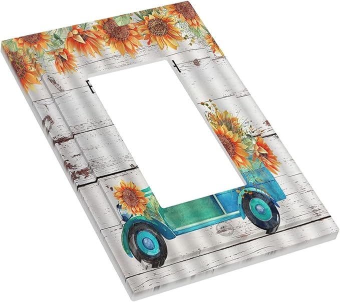 Decorative Outlet Covers Teal Farm Truck Pulling Sunflowers 1 Gang Single Decora GFCI Device Light Switch Cover Plate 1 Rocker Wall Plate Jumbo Switch Plate Cover for Farmhouse Bathroom Decor