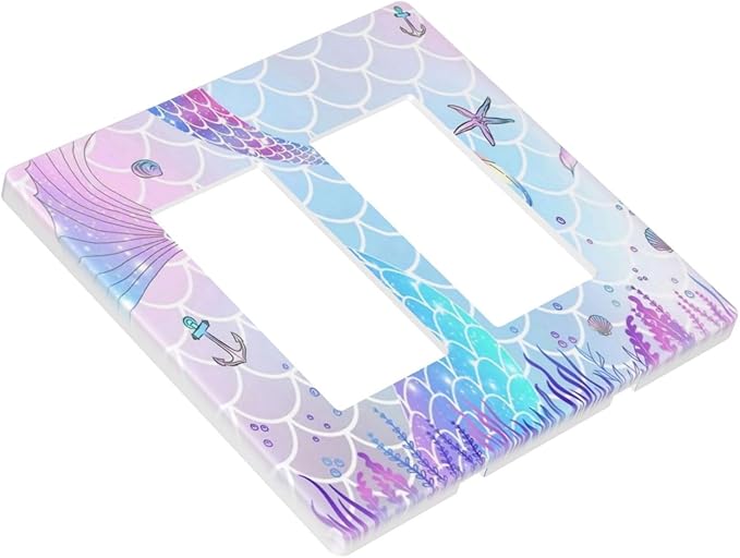 Watercolor Cute Kids Girl Purple Pink Mermaid Tail Scales Starfish 2 Gang Screwless Double Decorator/GFCI Wall Plate Rocker Outlet Light Switch Decorative Two Dual Device Receptacle Face Plate Cover