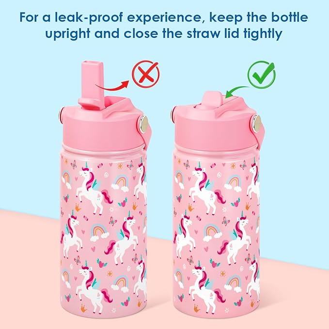 SANDJEST Kids Water Bottle with Straw Lid, Pack of 2 Insulated 12 Oz Stainless Steel Water Bottles for Girls, Travel Cup for School Sports, Unicorn - Mermaid