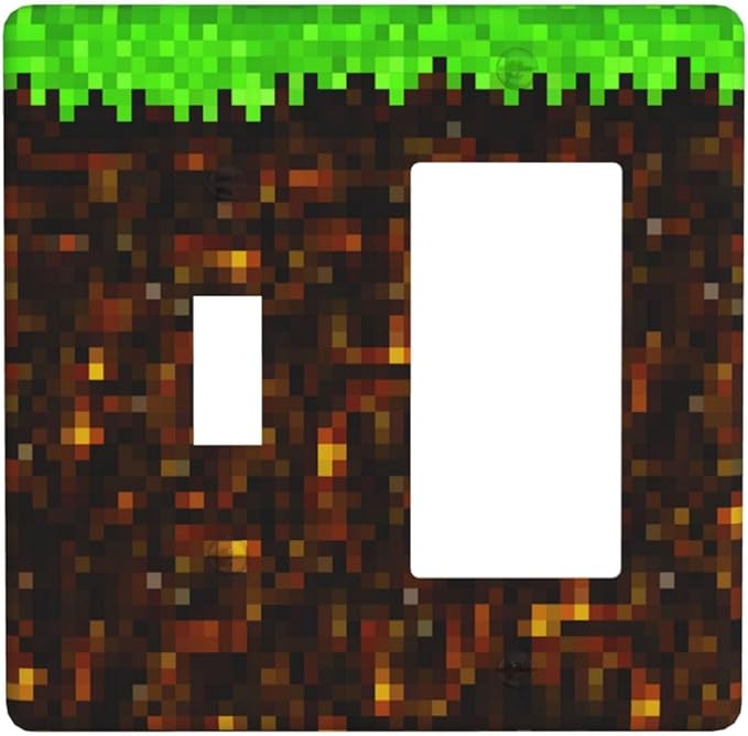 Light Switch Cover Pixel Grass Block 2 Gang Toggle Rocker Combo Socket Cover Wall Plates Decorative Switch Plates and Outlet Covers for Kids Room Home Decor