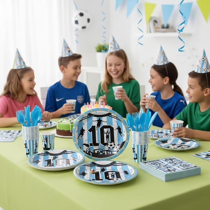 Soccer Star Party Supplies for Kids Birthday Party, Blue & White Legendary Football Star Party Decorations Disposable Tableware Set With Plates, Cups, Napkins & Cutlery for 24 Guests