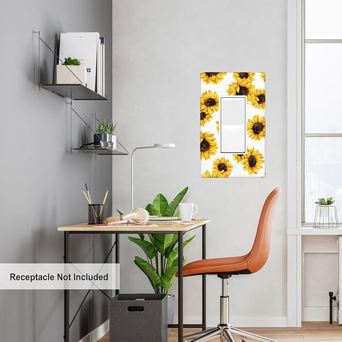 Sunflower Single Rocker Light Switch Cover, Yellow Floral White Sunflowers 1-Gang Decorator Wall Plate for Farmhouse Home Bedroom Decor