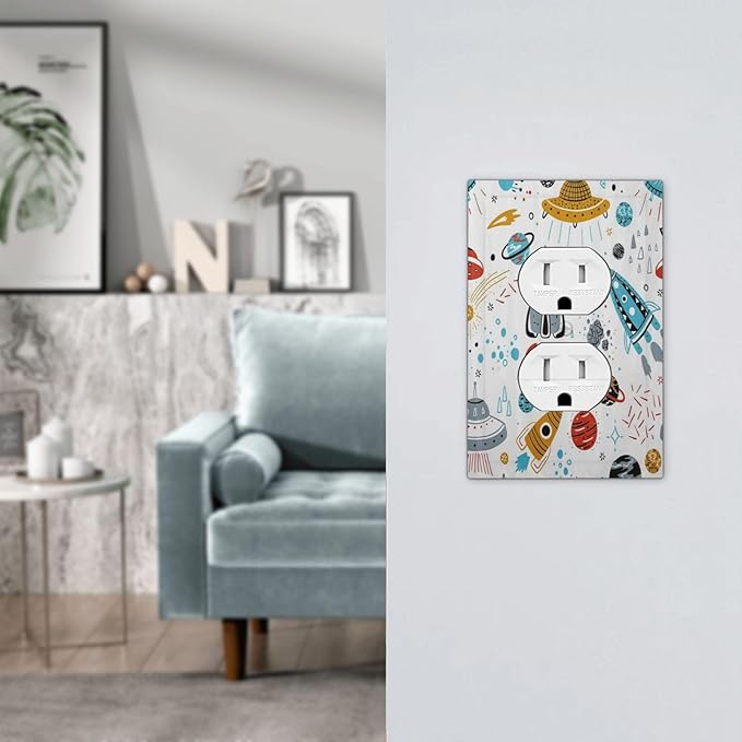 Cartoon Space Rocket Boys Universe Planet 1 Gang Outlet Plate Decorative Single Duplex Wall Plate Covers Unique Electrical Receptacle Light Switch Cover Art Faceplate Switchplate for Kidroom Decor