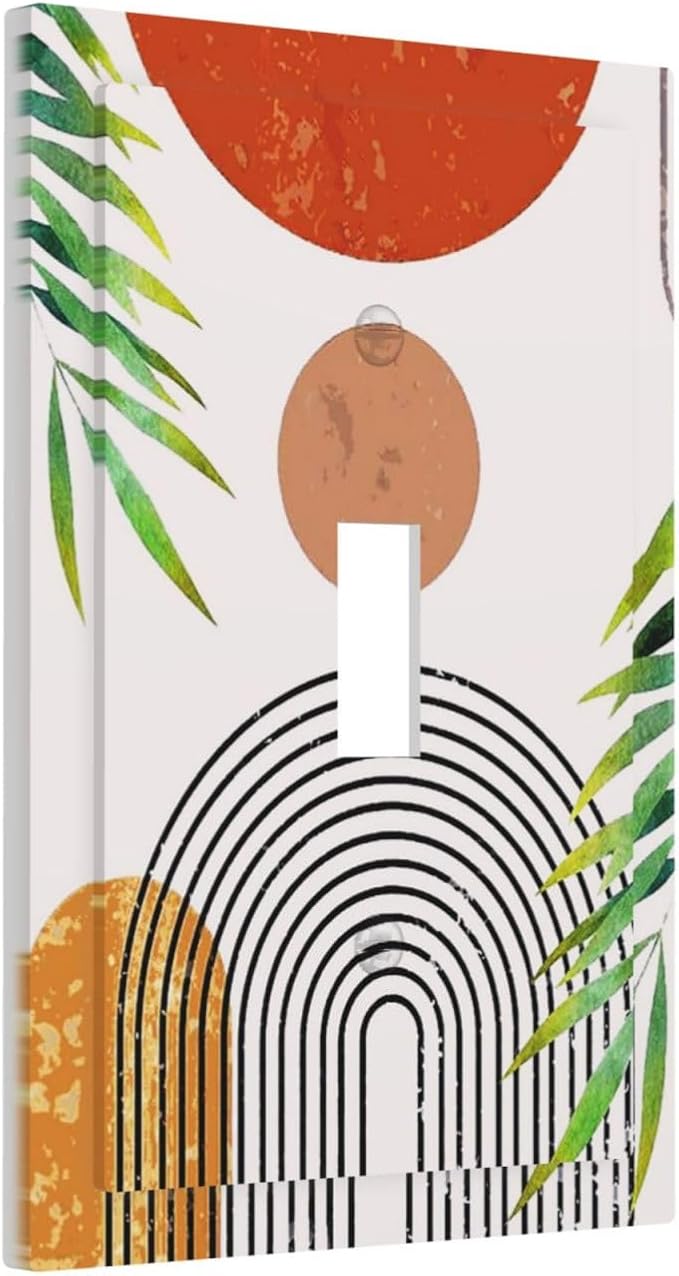 Orange Abstract Boho Mid Century Decorative Light Switch Cover Bohemian Geometric Sun Minimalist Arch Leaf 1-Gang Single Toggle Wall Plate Electrical Device Outlet Switch Faceplate Cover Jumbo Size