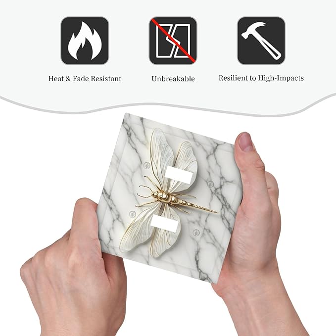 White Gold Marble Dragonfly Abstract Modern Decorative Switch Plates 2 Gang Double Toggle Outlet Light Switch Cover Wall Plate Electrical Faceplate for Bathroom Home Decor