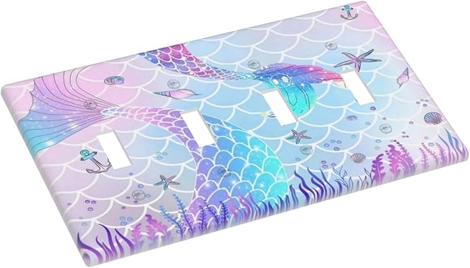 Cartoon Blue Purple Pink Girl Mermaid Scales Tail 4 Gang Quad Toggle Decorator Light Switch Cover Girly Kids Nursery Cute Conch Underwater Theme Wall Plate Decorative Electrical Faceplate Switchplate