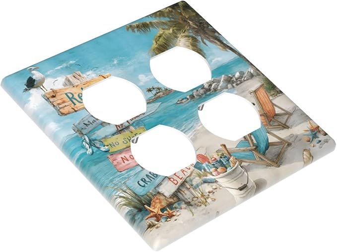 Ocean Beach Tropical Palm Tree Coastal Seaside Outlet Covers 2 Gang Double Duplex Decorative Light Switch Covers Electrical Wallplates Socket Faceplate for Kids Room Living Room Decor