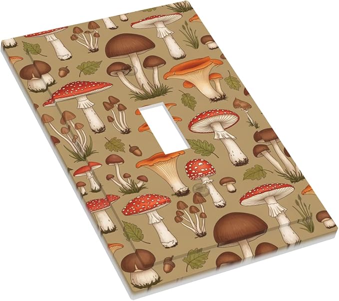 Whimsical Mycology 1-Gang Toggle Light Switch Plate, Vintage Mushroom Woodland Medley Decorative Wall Plate for Farmhouse Home Decor