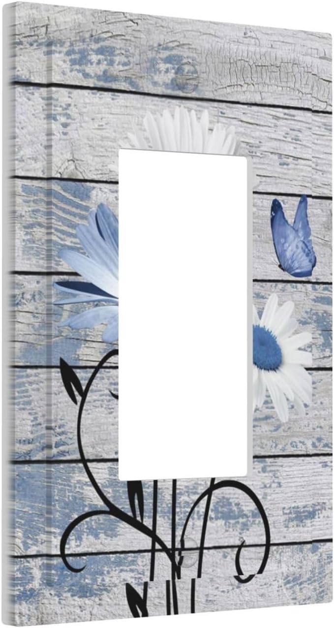 Blue White Daisy Flower Butterfly Rustic Wood Board Decorative Outlet Covers 1 Gang Single Rocker Light Switch Cover Plate Wall Plates GFCI Faceplate for Farmhouse Bedroom Decor
