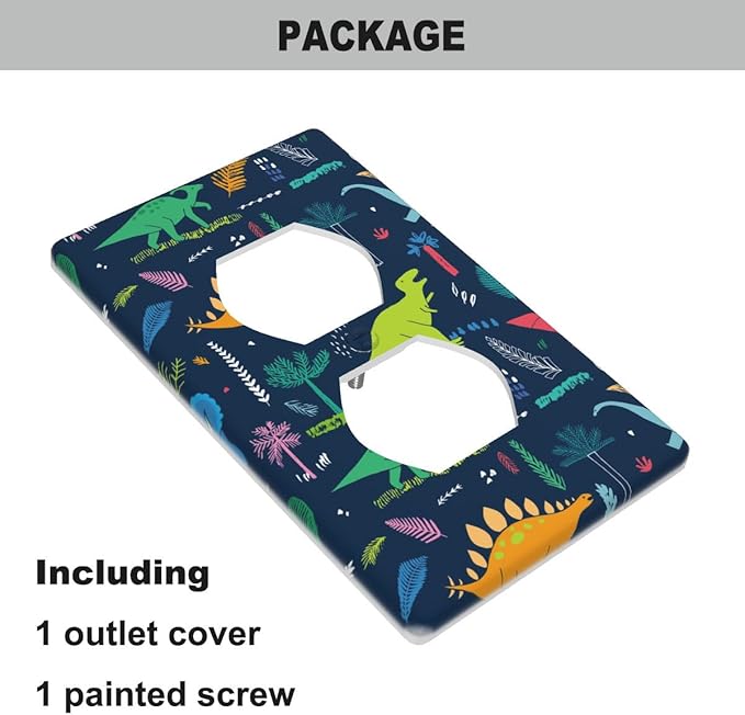 Dinosaur Wall Plate Colorful Dinosaurs Navy Blue Outlet Covers 1-Gang Standard Size Duplex Receptacle Plug Cover 4.5" x 2.76" for Little Men Cave Boys Room Decor