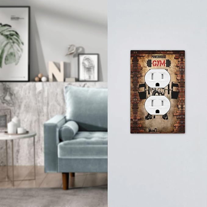 Vintage Gym Retro Brick Dumbbell Muscular Man 1 Gang Outlet Plate Duplex Decorative Art Outlet Covers Electrical Receptacle Lightswitch Faceplate Dimmer for Bedroom Boyroom Bathroom Decor