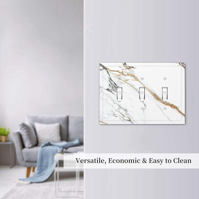 White Gold Marble Modern Abstract Luxury Print Decorative Switch Plates 3 Gang Wall Plate Triple Toggle Light Switch Cover Faceplate Electrical Wall Panels for Bathroom Kitchen Decor