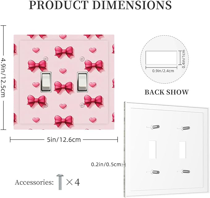 Pink Bow & Heart Double Toggle Switch Cover - 2-Gang Standard US Size Preppy Coquette Light Switch Covers, Sweetheart Girly Pattern for Girls Room