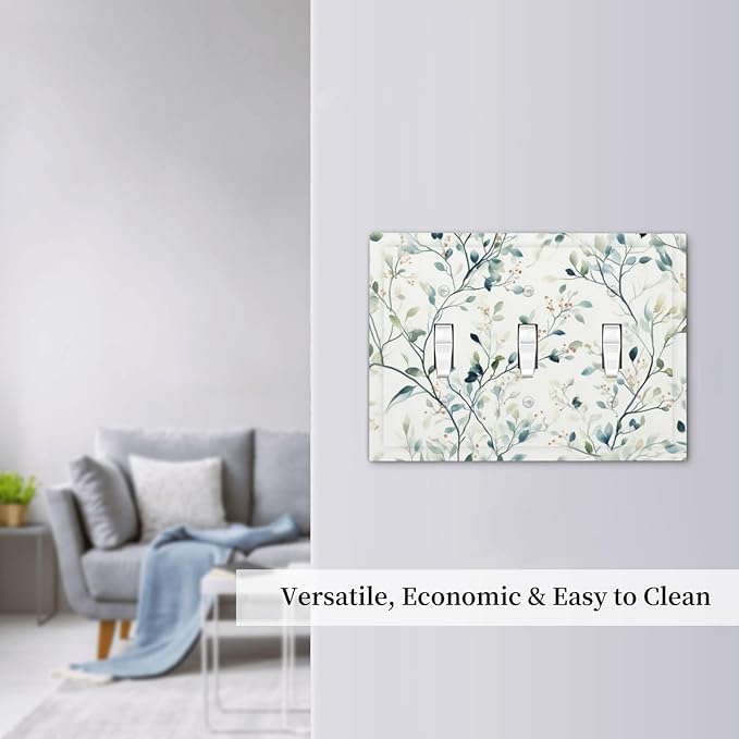 Watercolor Floral Green Leaves 3 Gang Light Switch Cover Green Botanical Flowers Triple Toggle Wall Plate Decorative Electrical Switchplates for Country Bedroom Kitchen Living Room Decor
