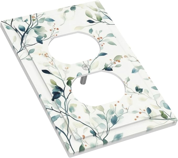 Watercolor Floral Green Leaves 1 Gang Electrical Duplex Outlet Covers Green Botanical Flowers Light Switch Cover Receptacle Wall Plate Decorative Faceplate for Country Bedroom Home Decor