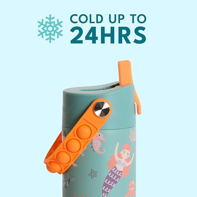 Elemental Insulated Kids Water Bottle, Stainless Steel Water Bottle with Straw Lid & Pop-It Handle, Leak-Proof Water Bottles for School, Boys or Girls, Travelling and Sports, 18oz - Mermaid Sisters