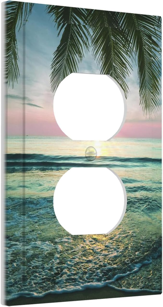 Tropical Beach Sunset Duplex Wall Plate - 1-Gang Standard US Size Palm Fringe Ocean View Outlet Covers for Pool Beach House Decor
