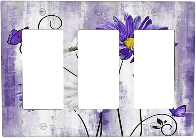 Decorative Outlet Covers Rustic Purple Daisy Butterfly Boho White Floral 3 Gang Wall Plate Cover Triple Rocker Decora Light Switch Covers Plate Jumbo Electrical GFCI Switch Plate Cover