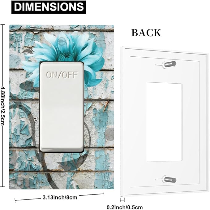 Vintage Floral Single Rocker Switch Cover - 1-Gang Standard US Size Rustic Farmhouse Teal Flower Distressed Brick Light Switch Covers for Bedroom Bathroom Decor