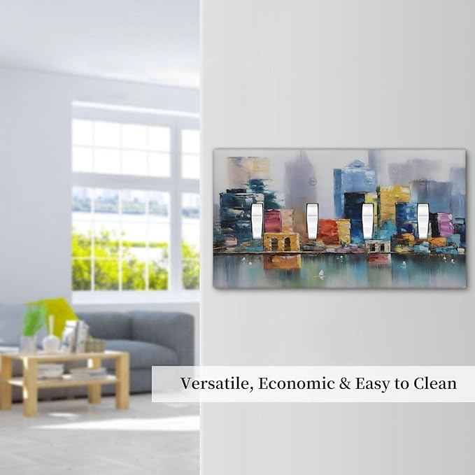 Colorful Nyc Skyline Textured Modern Abstract Light Switch Covers Quad Toggle Electrical Faceplate 4 Gang Wall Plate Decorative Switch Plates Cover for Bedroom Living Room Decor
