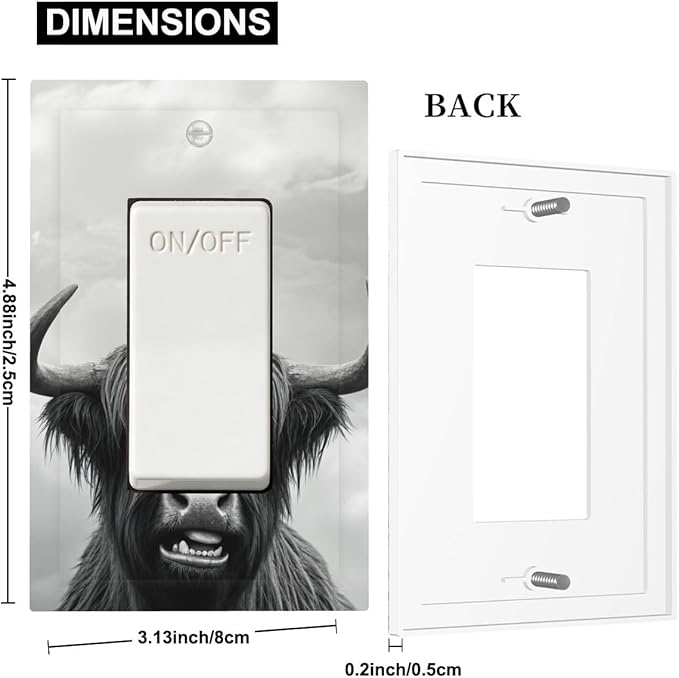 Highland Cow Black & White Portrait Single Rocker Switch Cover - 1-Gang Standard US Size Playful Farm Animal Light Switch Covers for Living Room Decor