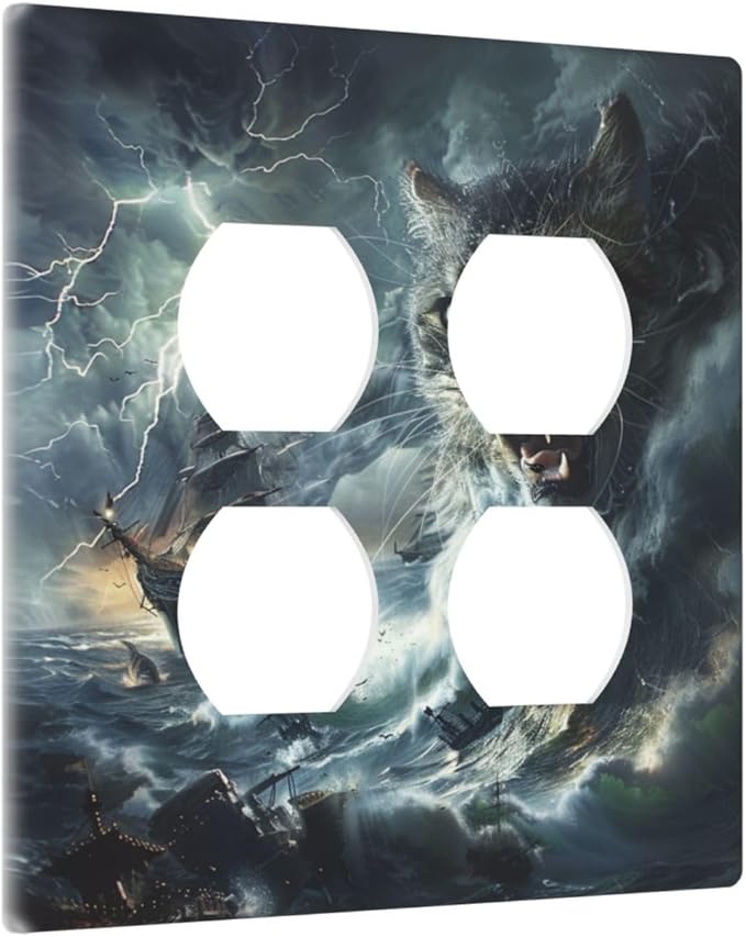 Decorative Outlet Covers funny Cat Stormy sea Lightning Sailboats 2 Gang Decorative Switch Plate Double Duplex Wall Plates Switch Plates and Outlet Covers for Bathroom Kid Room Decor