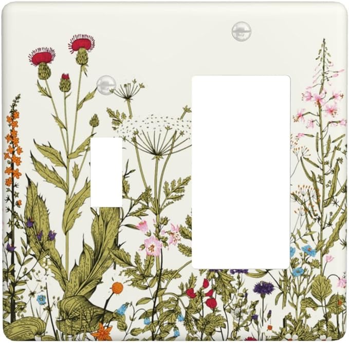 Country Vintage Wild Flowers Floral 2 Gang Single Toggle/Rocker Combination Light Switch Cover Decorative Combo Wall Plate Cover Electrical Faceplate Room Decor