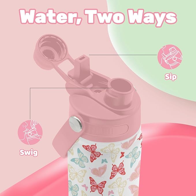 Insulated Water Bottle 18oz, Butterfly Gifts Water Bottle with 2-in-1 Straw and Spout Lid, Pink Butterflies Cup Leakproof, Butterflies Cup for Butterfly Lovers, Birthday Gift Ideal for Girls