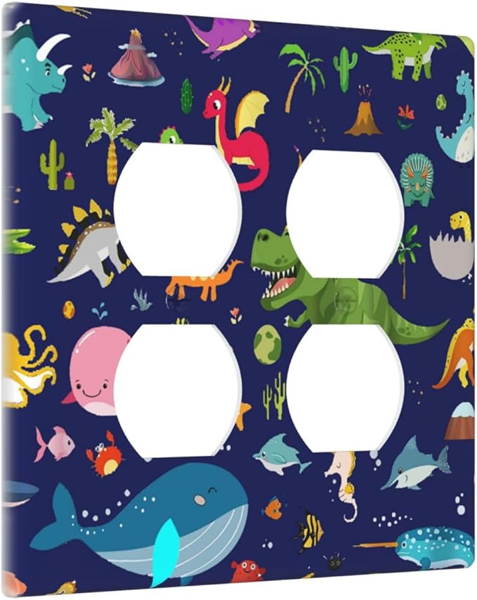 Cartoon Nursery Animal Whale Dolphin Starfish 2-Gang Device Duplex Wall Plate, Funny Cool Blue/Green Dinosaur Decorative Two Gang Double Duplex Receptacle Socket Outlet and Light Switch Cover Plate